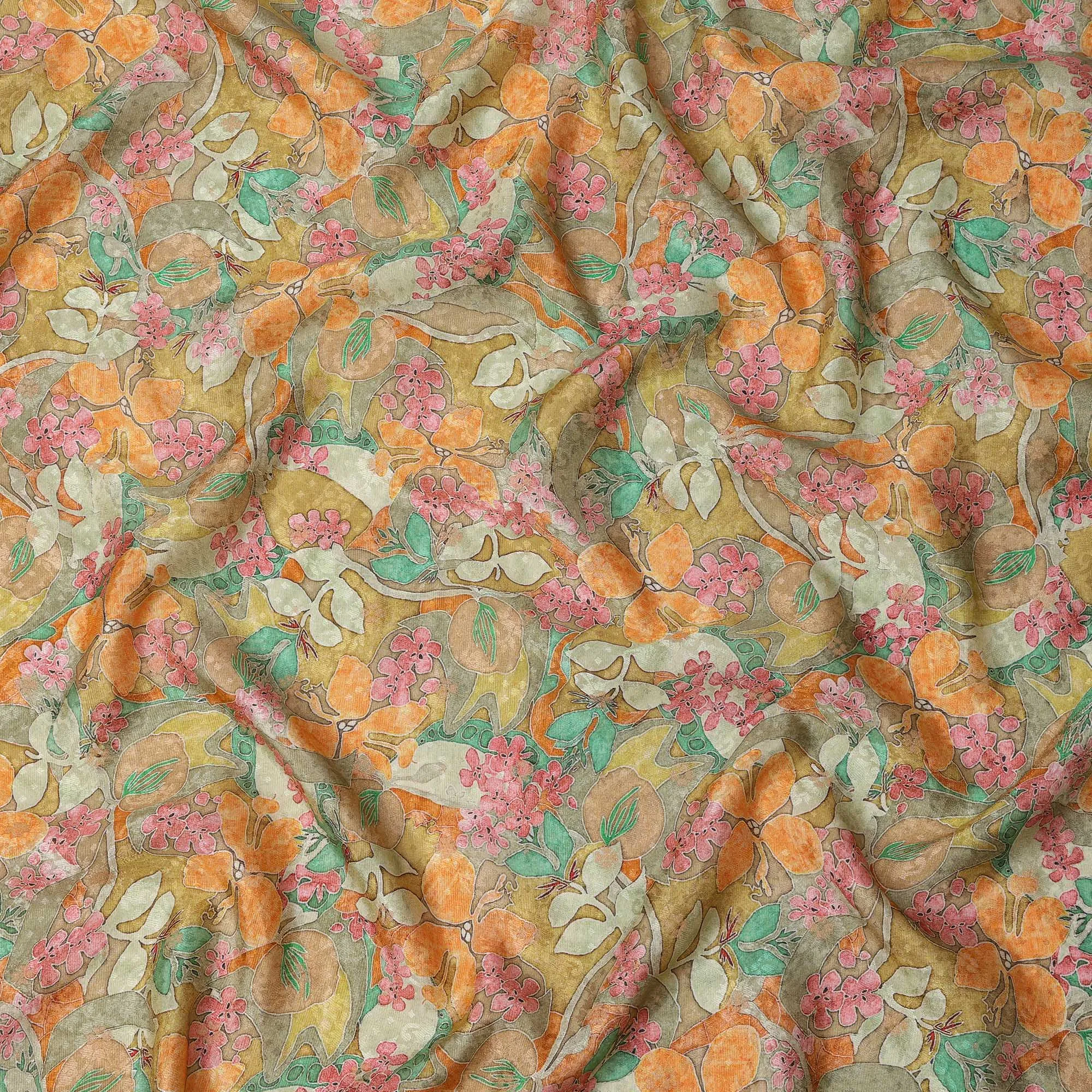 Mustard Yellow Tropical Floral Viscose Crepe Digital Print Fabric, 110 cm Wide, Made in India-D20978