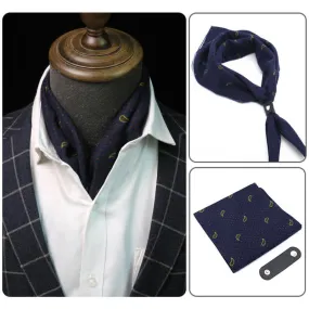 Navy Blue Cashew Flower Square Scarf with Scarf Buckle