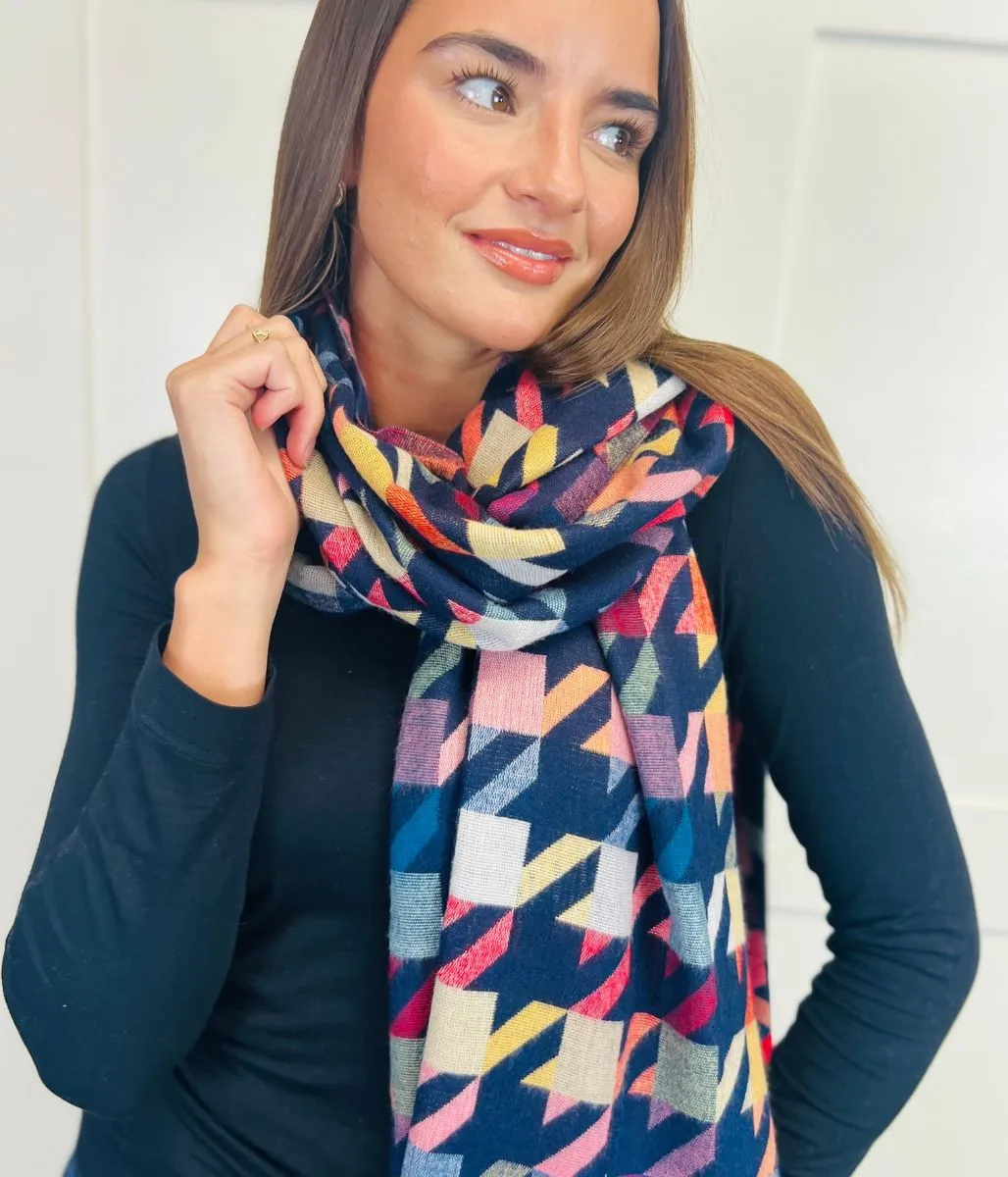 Navy Houndstooth Print Cotton Scarf