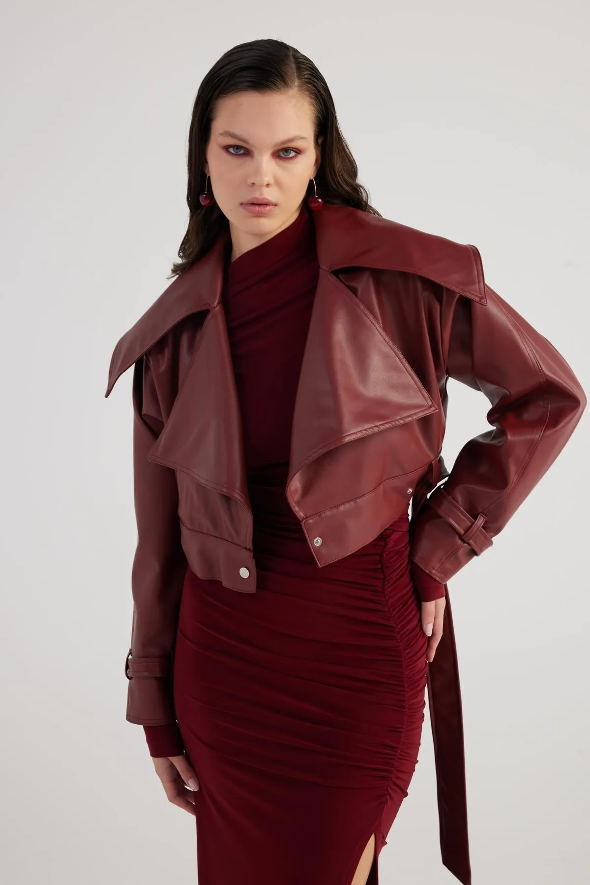 Neeko Burgundy Faux Leather Cropped Jacket