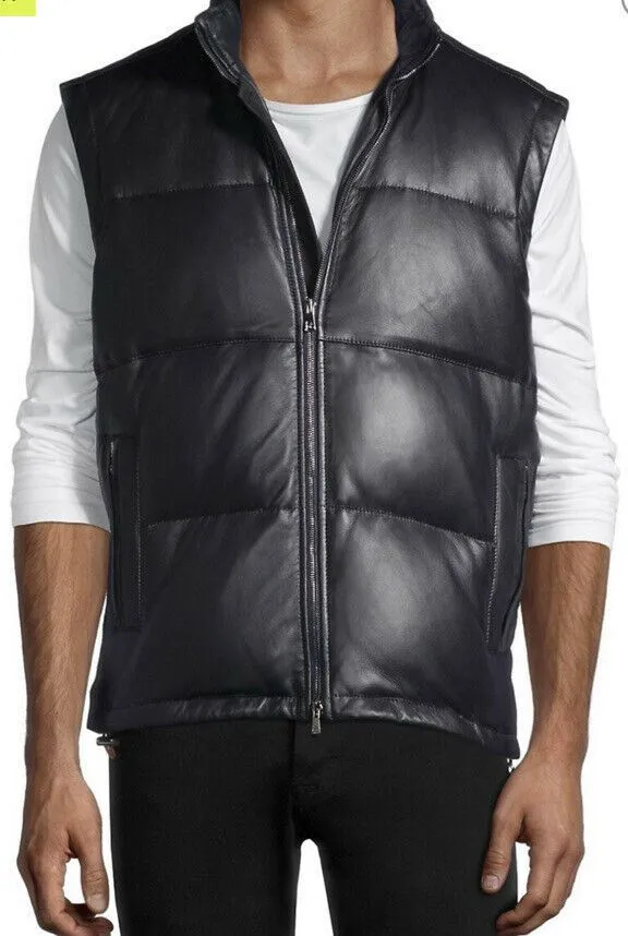 New $5750 Isaia Leather Down Puffer Jacket Vest  Coat Navy 40 US/50 Eu