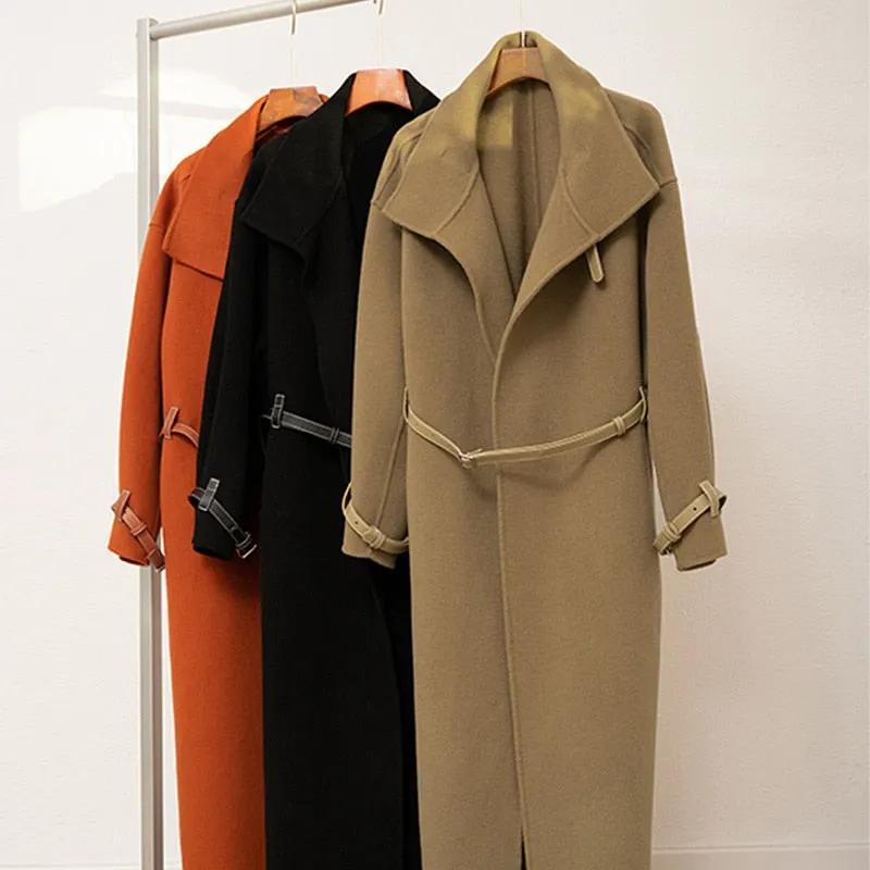 New Leather Belt Double-Sided Woolen Trench Coat