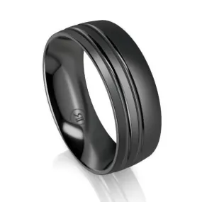 Offset Dual Grooved Black Zirconium Wedding Ring - Comfort Fit