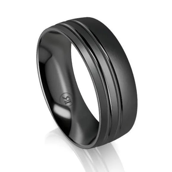 Offset Dual Grooved Black Zirconium Wedding Ring - Comfort Fit