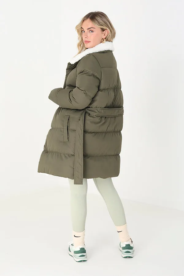 OLIVE PADDED JACKET WITH LARGE BORG COLLAR AND BELT