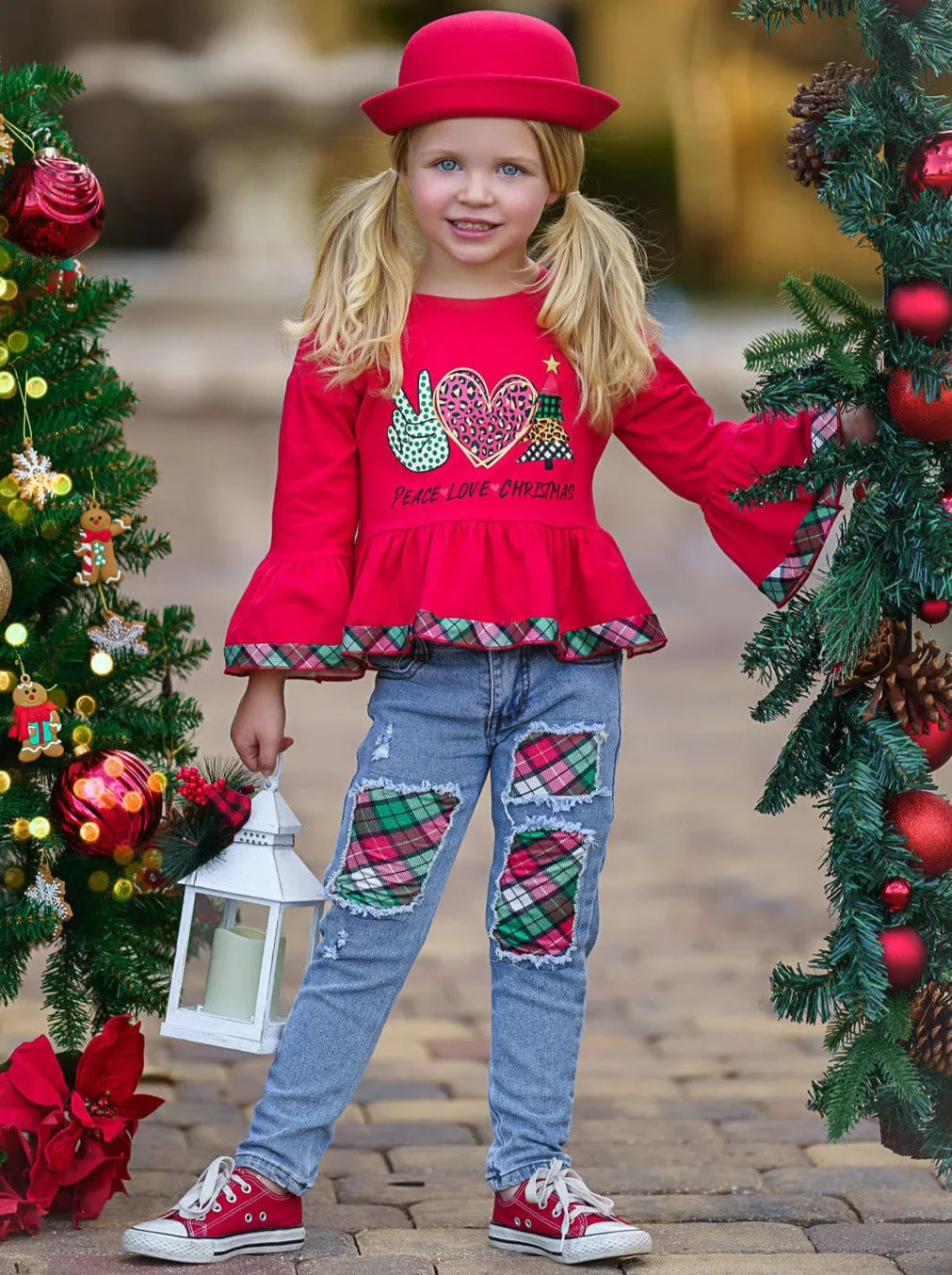 Peace, Love, Christmas Patched Jean Set