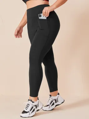 Plain Pocket High Waist Cropped Plus Size Sports Leggings & Pants