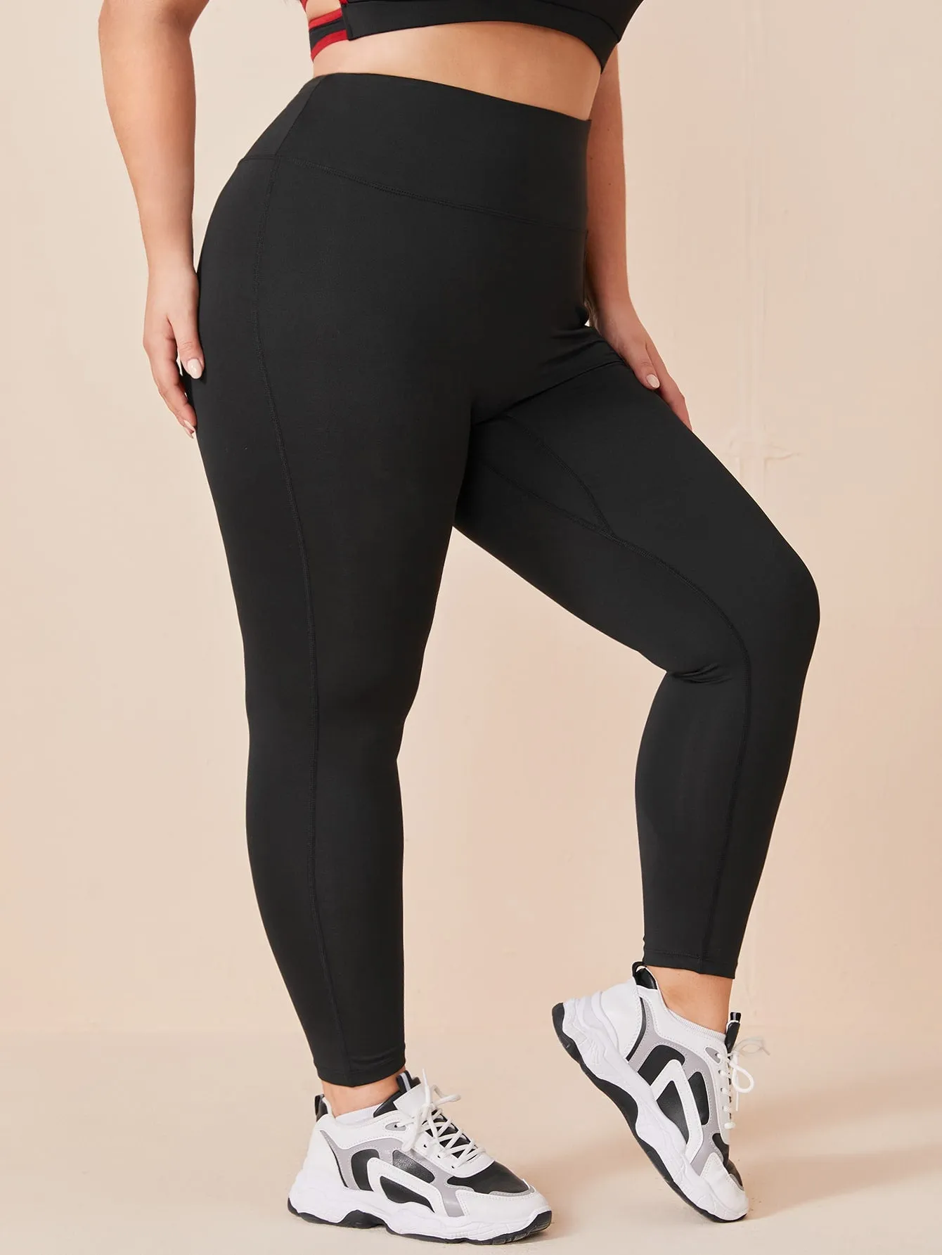 Plain Pocket High Waist Cropped Plus Size Sports Leggings & Pants