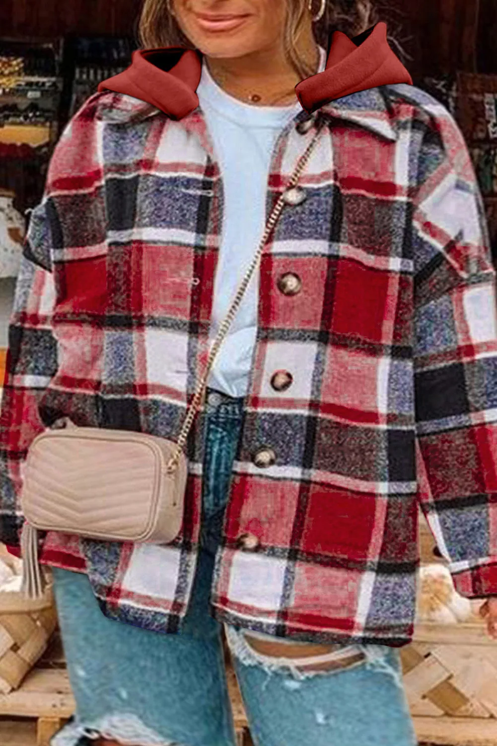 Plus Size Plaid Button Up Hooded Jacket