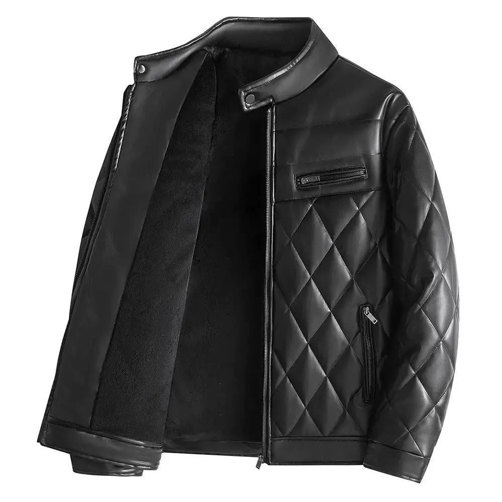 PU leather cotton jacket for men in winter with added velvet and thick leather cotton jacket, Korean version youth motorcycle