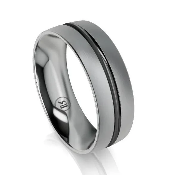 Rounded Centre Groove Black and Grey Zirconium Wedding Ring - Comfort Fit (IN1379)