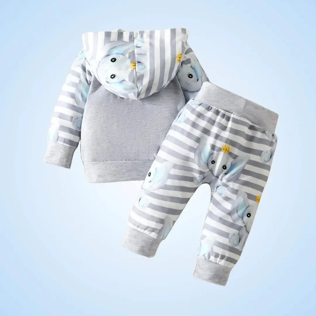 Royal Baby Elephant - Boys' Hooded Sweatshirt & Striped Pants Set (3-24M)