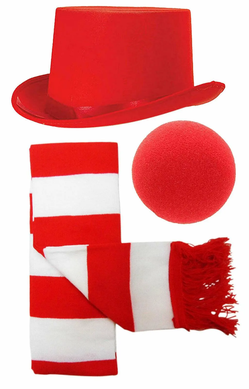 Satin Top Hat Red White Scarf Foam Nose Christmas Snowman Fancy Dress Set