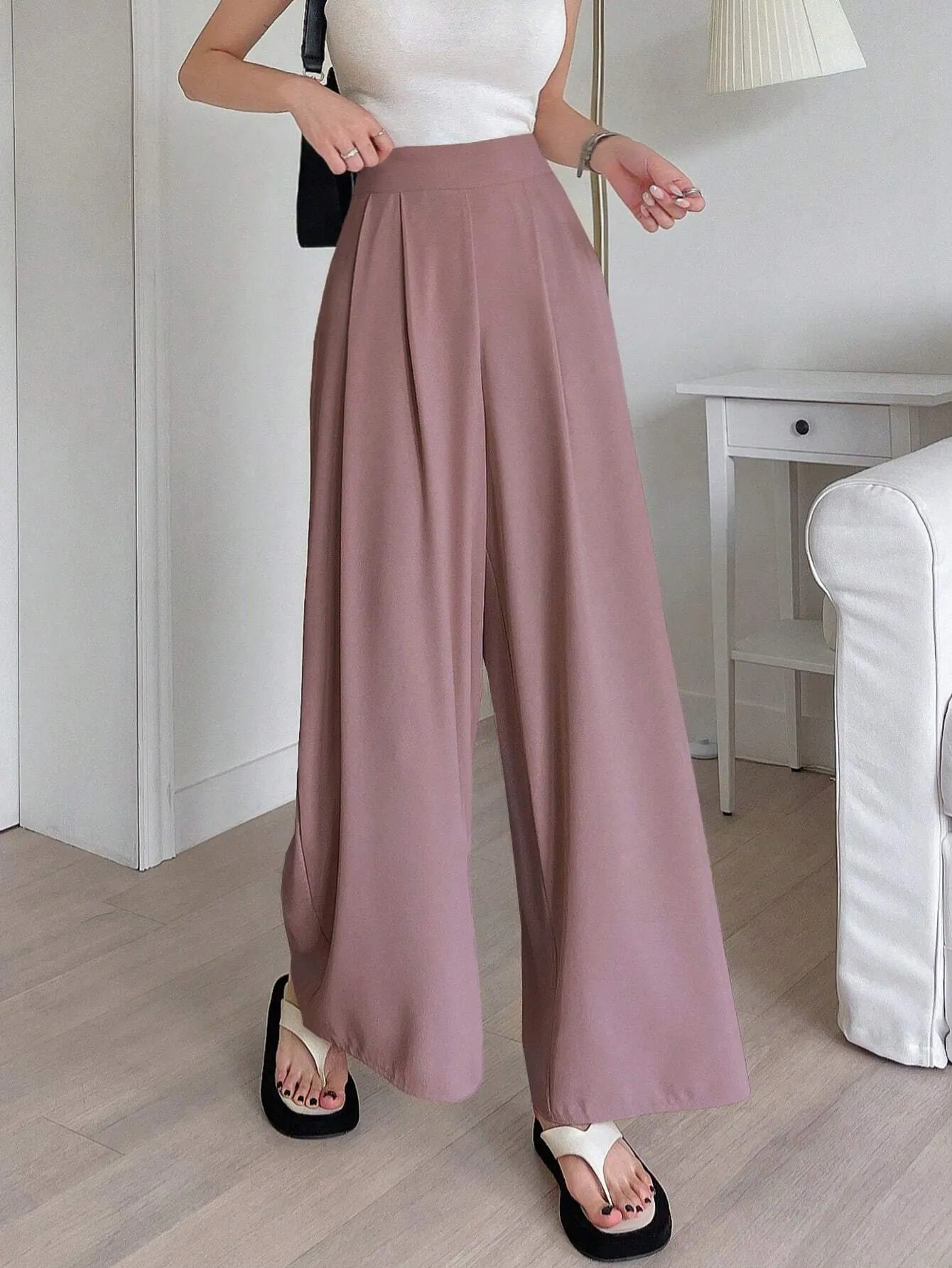 SHEIN DAZY Solid Color Wide Leg Regular Pants, Suitable For Spring And Summer