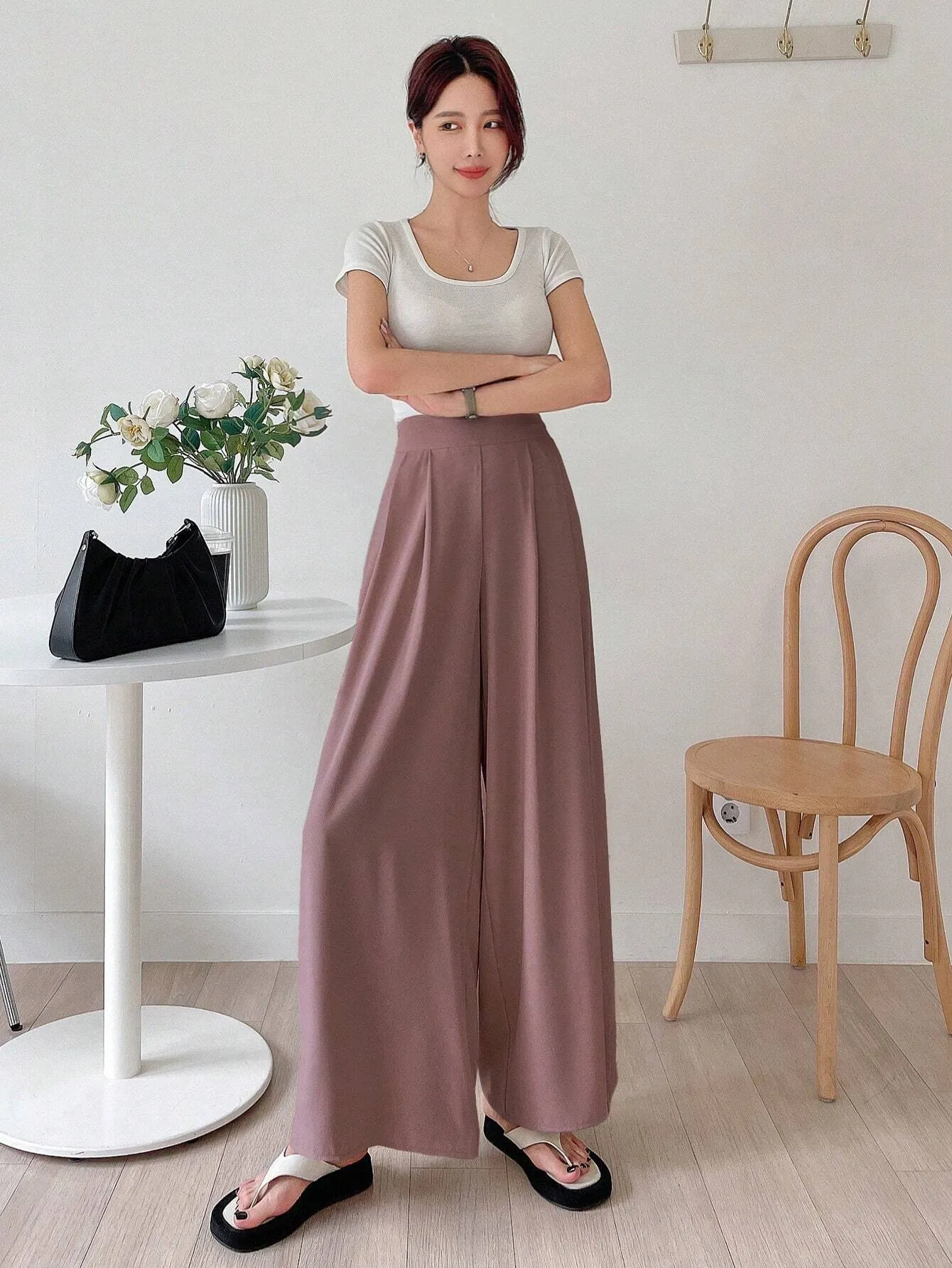 SHEIN DAZY Solid Color Wide Leg Regular Pants, Suitable For Spring And Summer