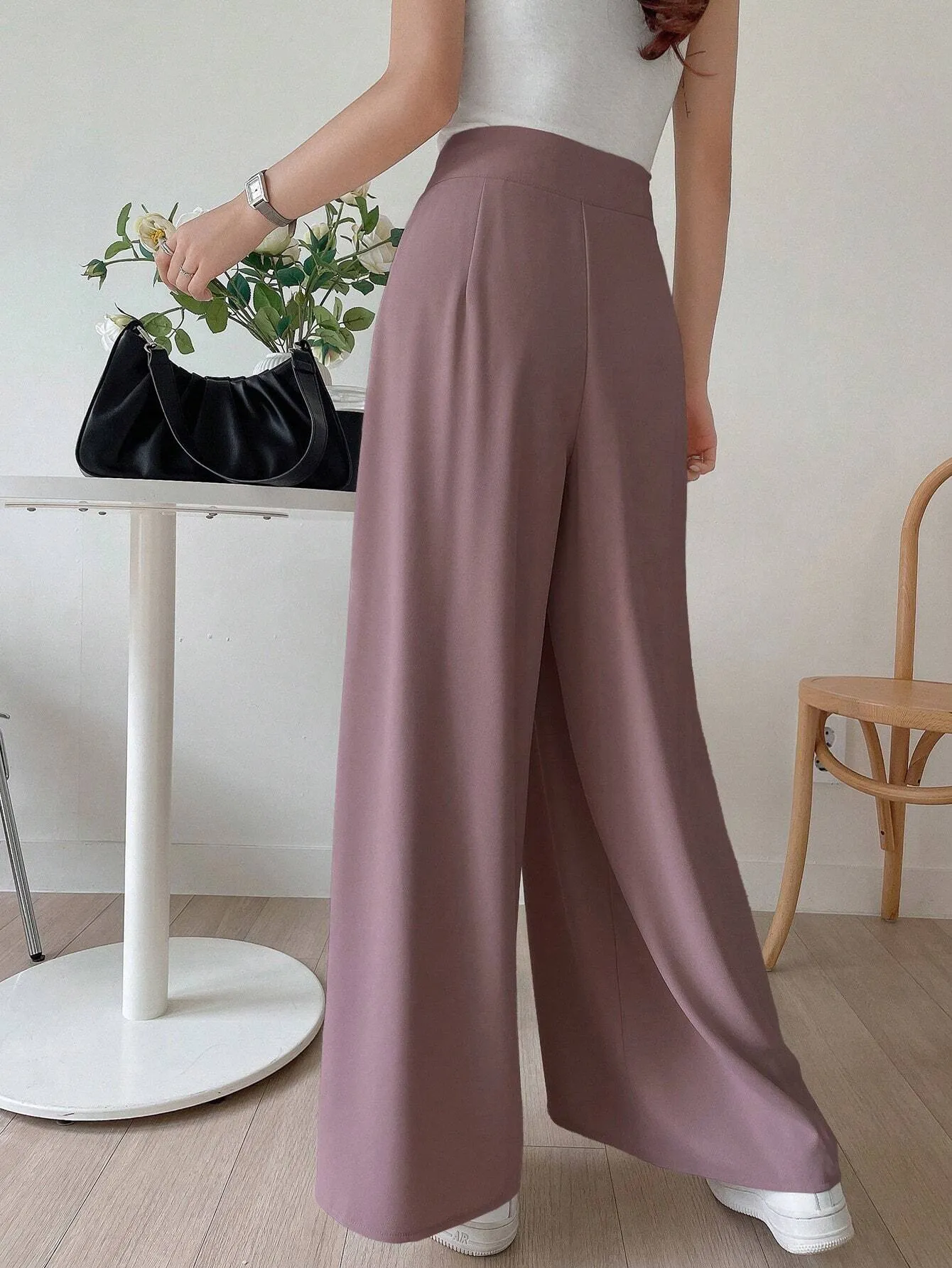 SHEIN DAZY Solid Color Wide Leg Regular Pants, Suitable For Spring And Summer