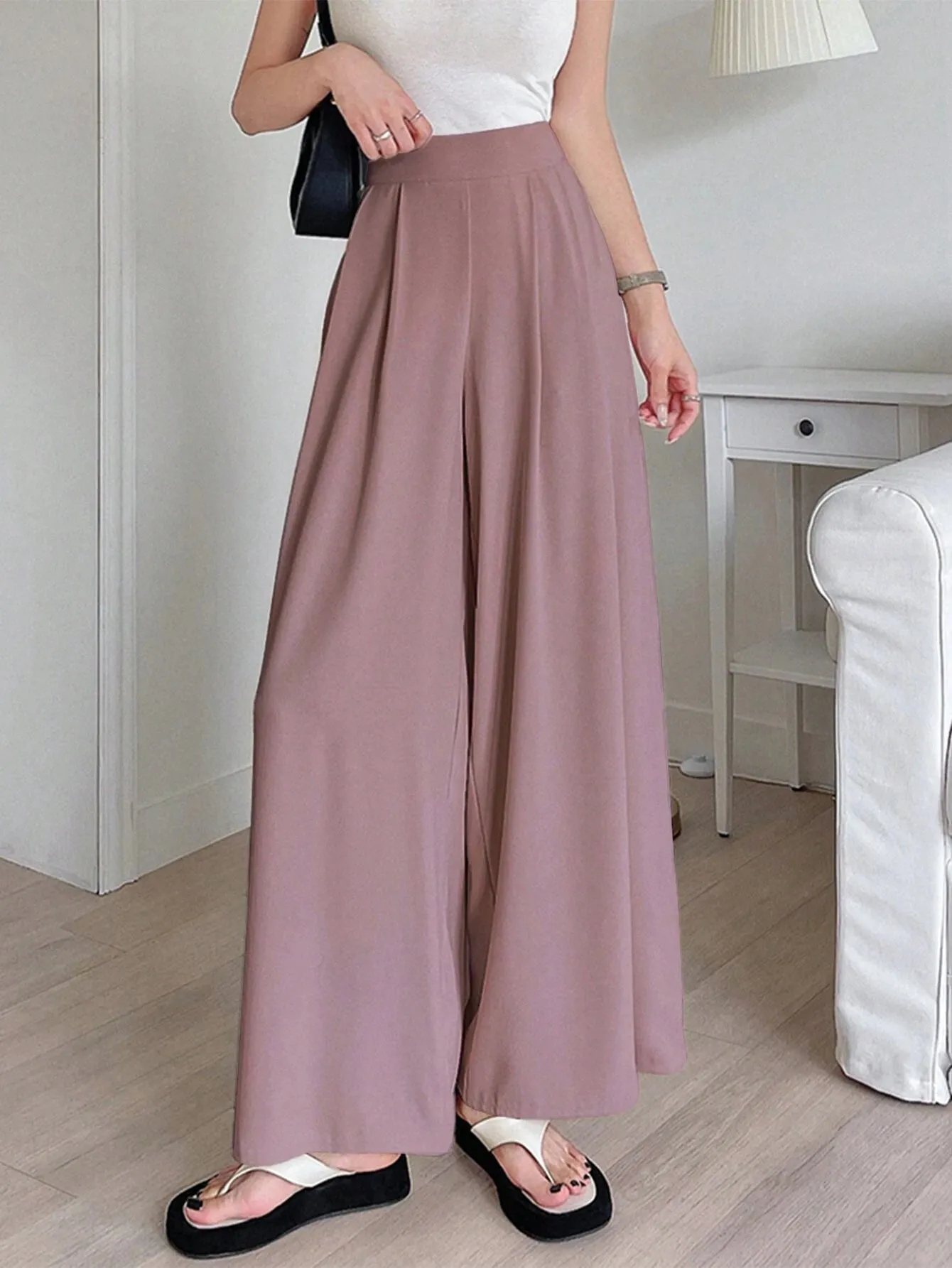 SHEIN DAZY Solid Color Wide Leg Regular Pants, Suitable For Spring And Summer