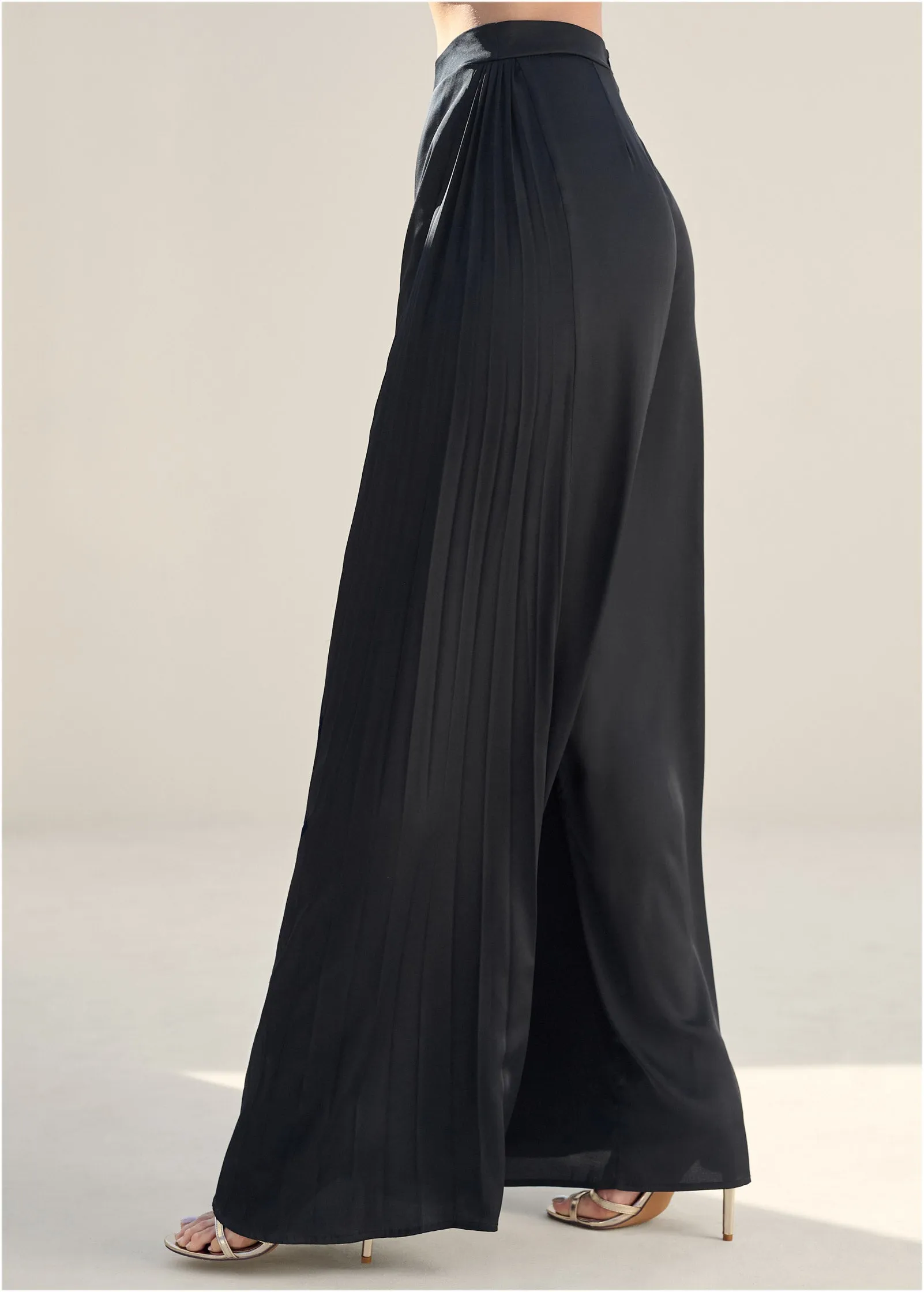 Side Pleat Wide Leg Pants - Black