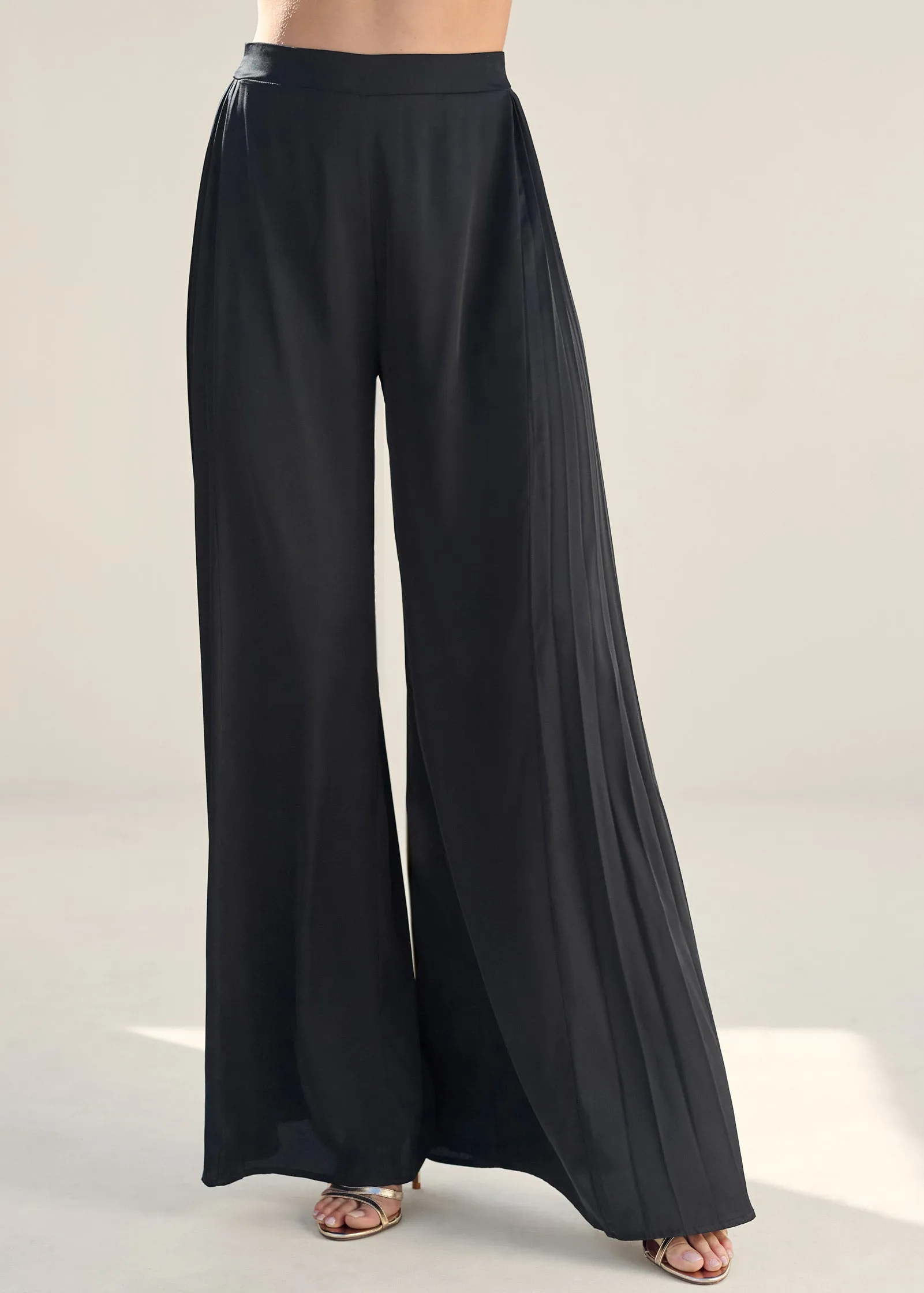 Side Pleat Wide Leg Pants - Black