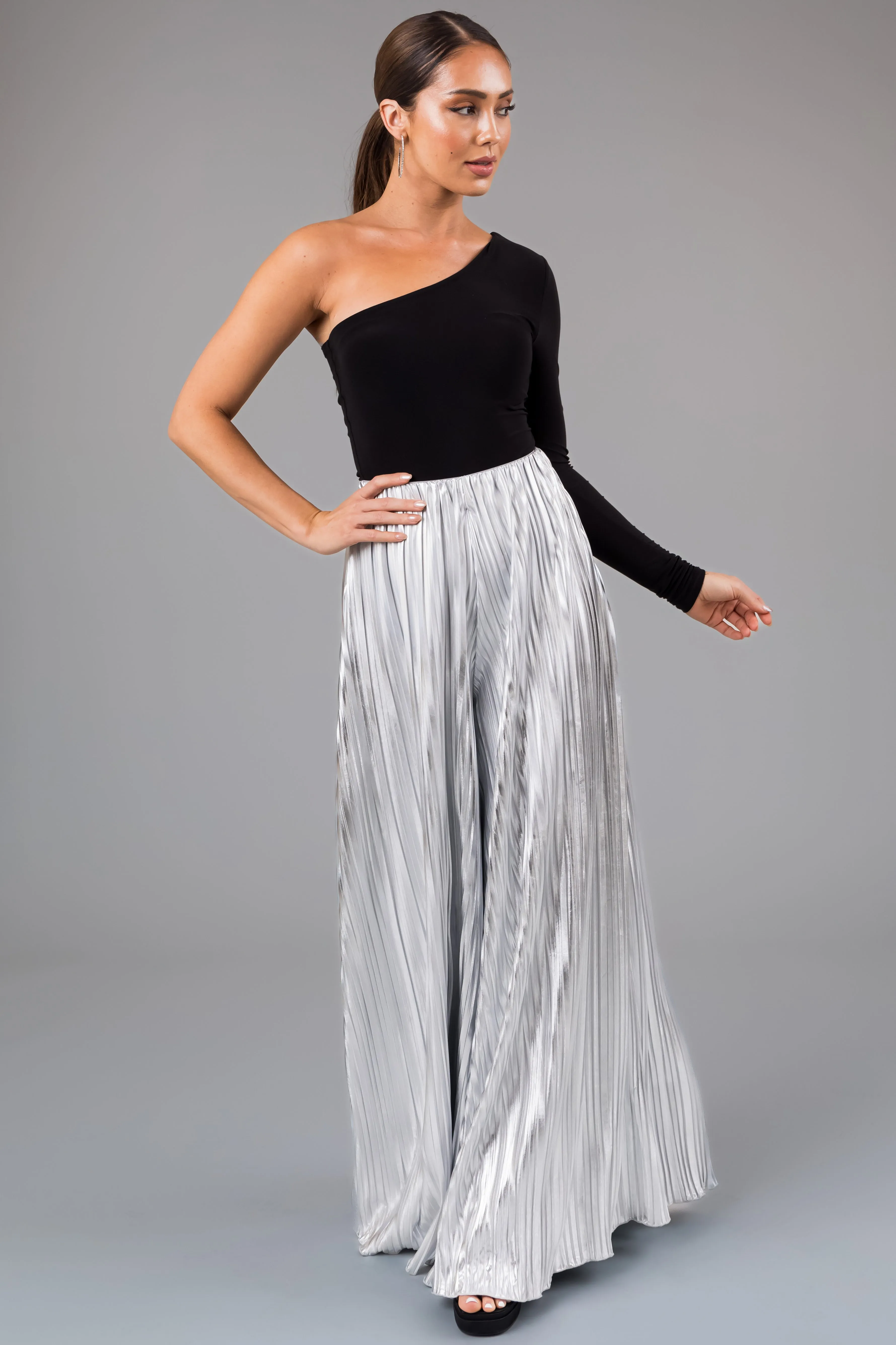 Silver Metallic Pleated Flare High Waist Pants