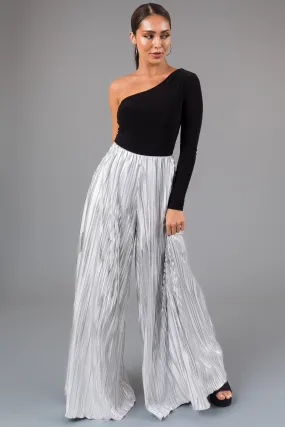 Silver Metallic Pleated Flare High Waist Pants