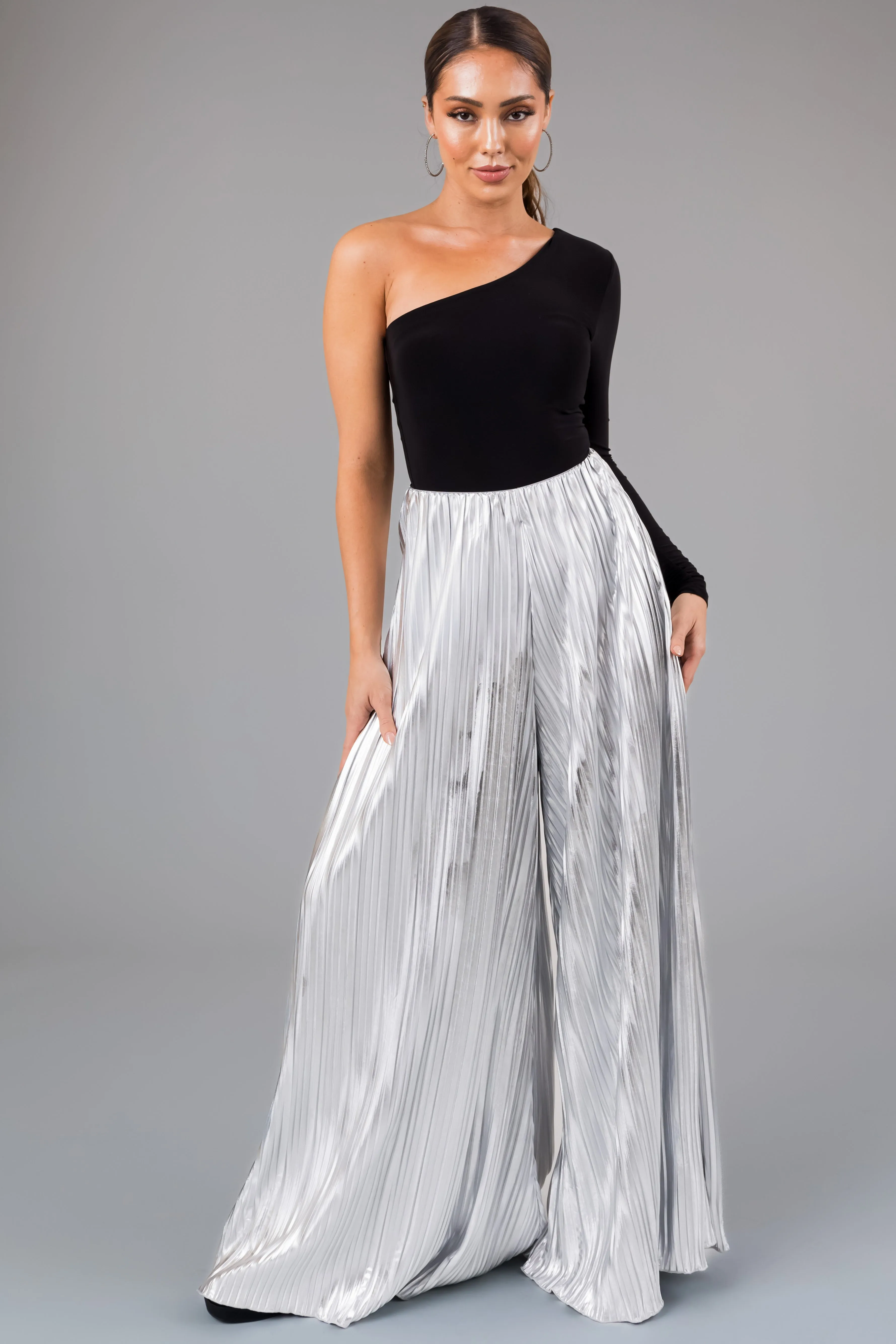 Silver Metallic Pleated Flare High Waist Pants