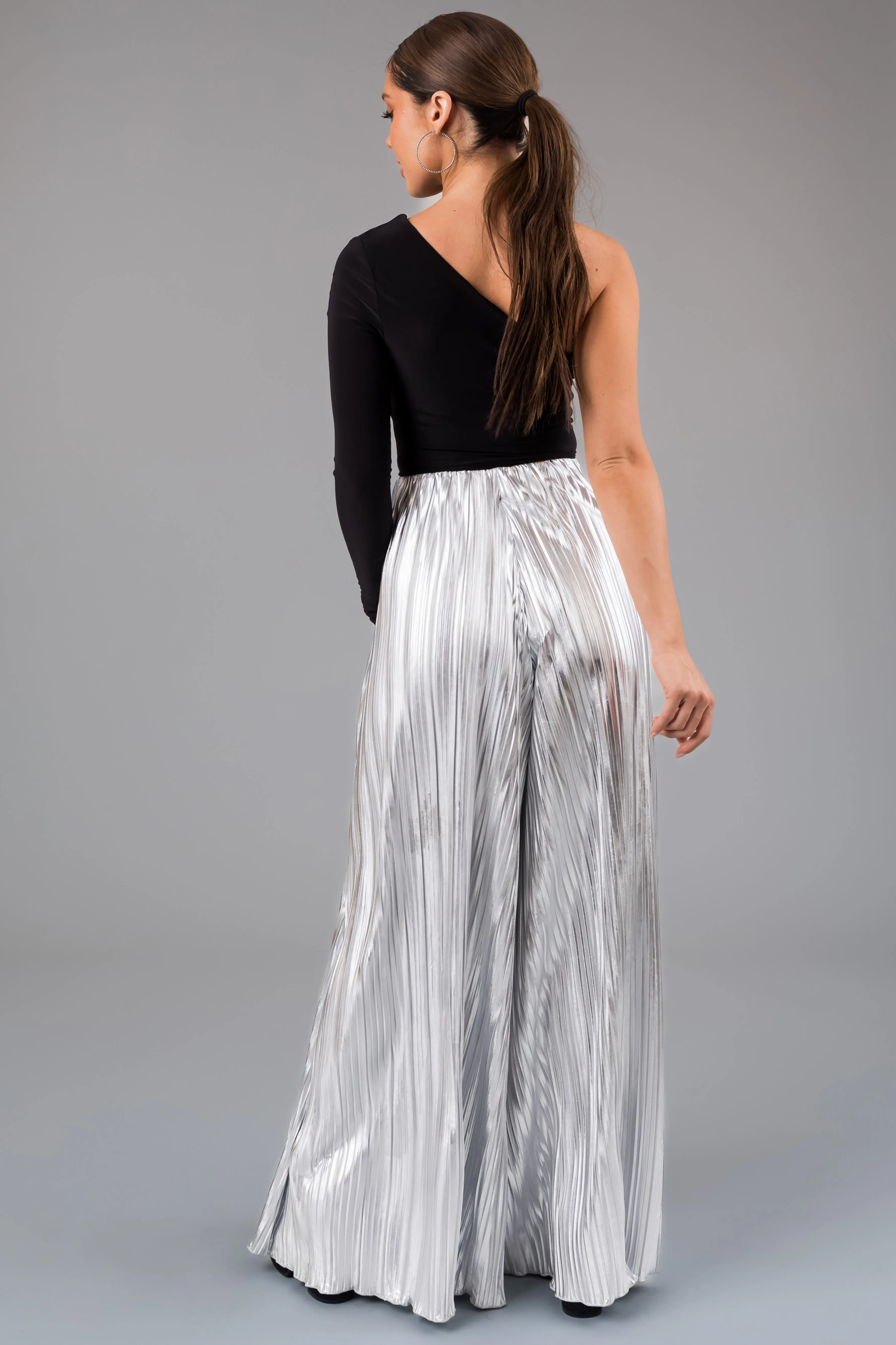 Silver Metallic Pleated Flare High Waist Pants