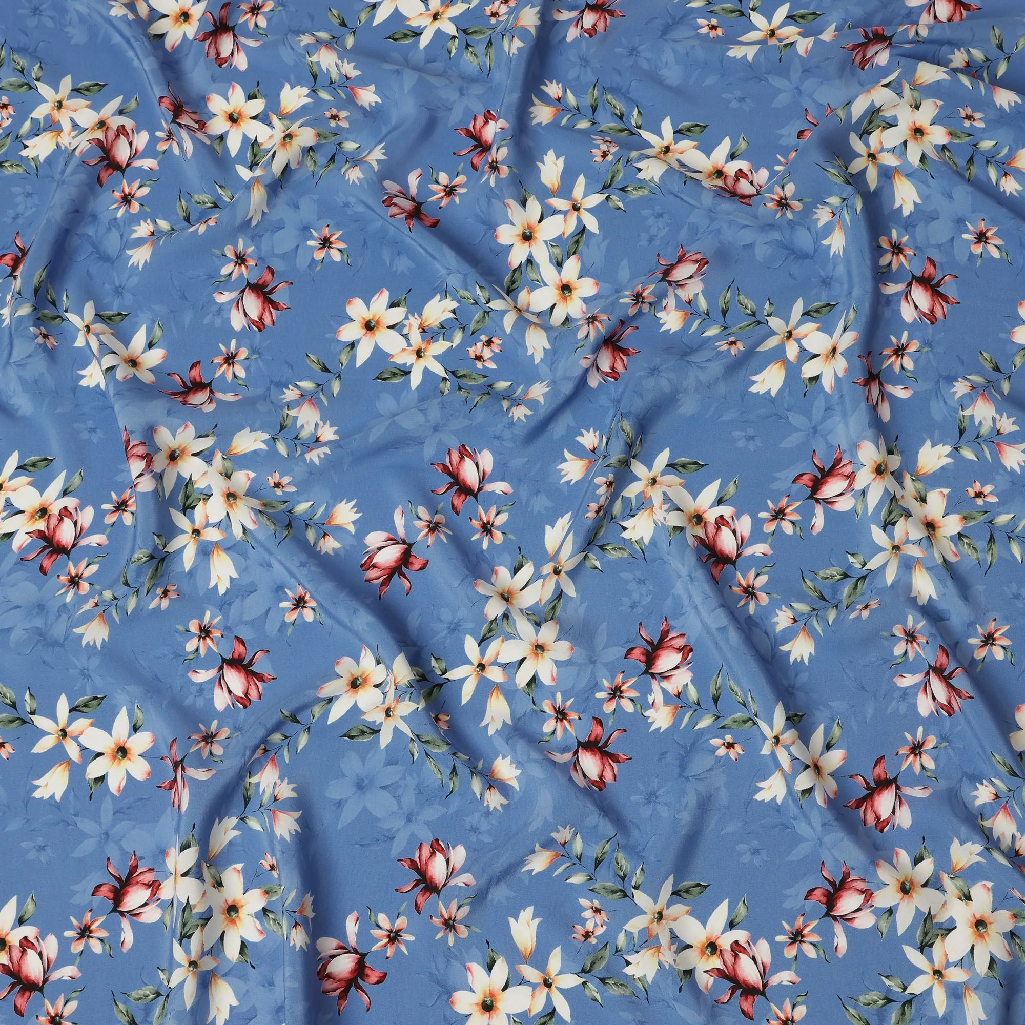 Sky Blue Viscose Fabric with White and Red Floral Digital Print, 110 cm Width-D20637