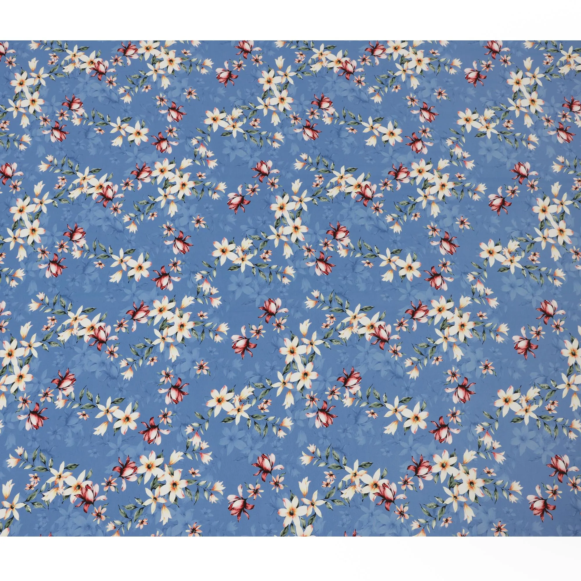 Sky Blue Viscose Fabric with White and Red Floral Digital Print, 110 cm Width-D20637