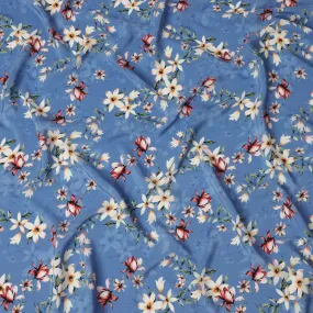 Sky Blue Viscose Fabric with White and Red Floral Digital Print, 110 cm Width-D20637