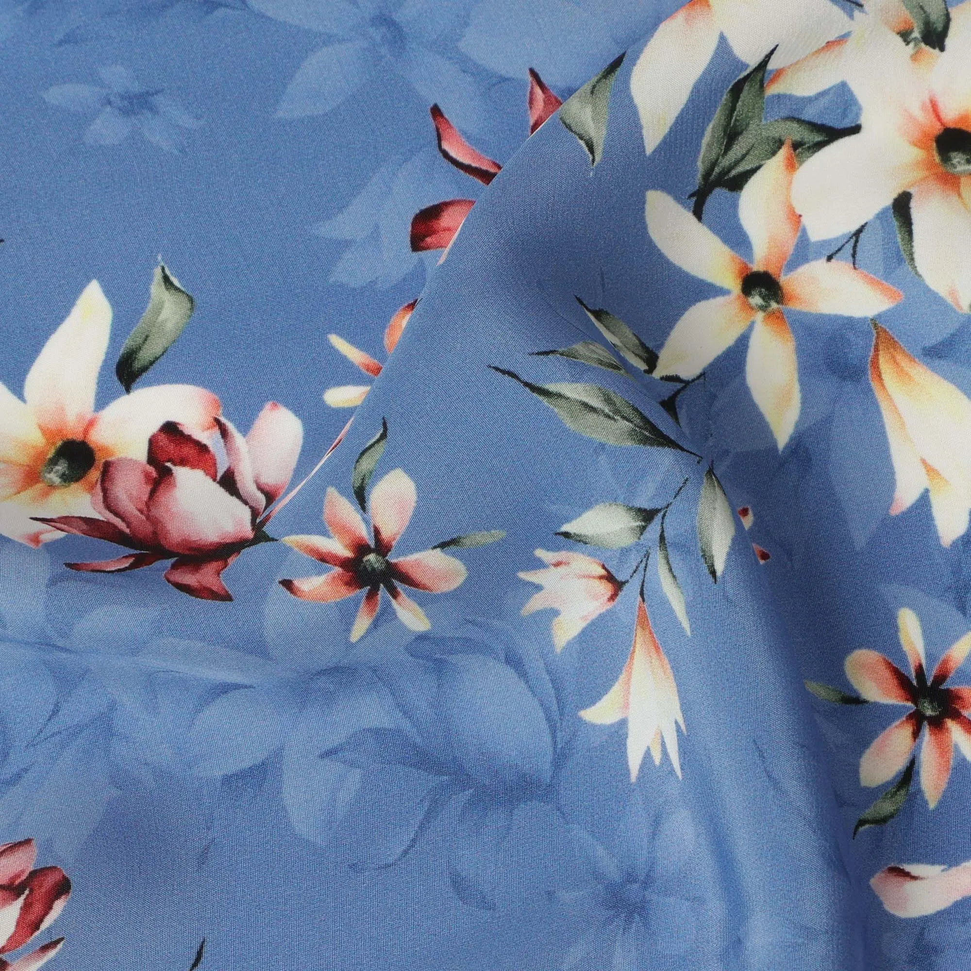 Sky Blue Viscose Fabric with White and Red Floral Digital Print, 110 cm Width-D20637