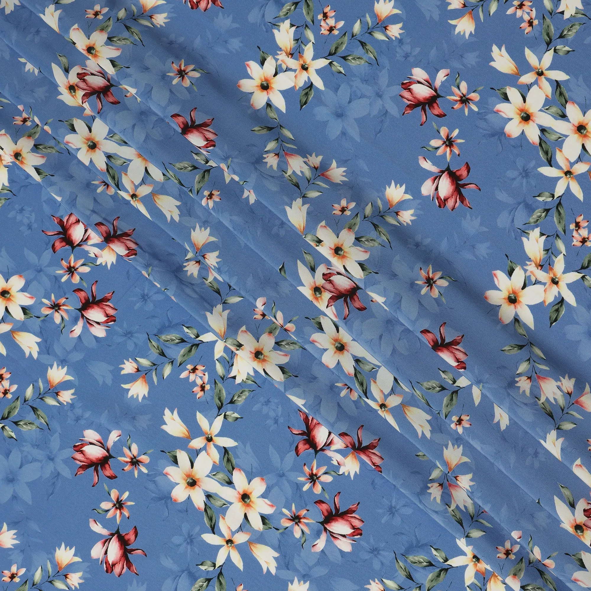 Sky Blue Viscose Fabric with White and Red Floral Digital Print, 110 cm Width-D20637