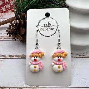 Snowwoman Snowgirl Snowman Pink Hat Scarf Resin Hypoallergenic  Christmas Winter Earrings