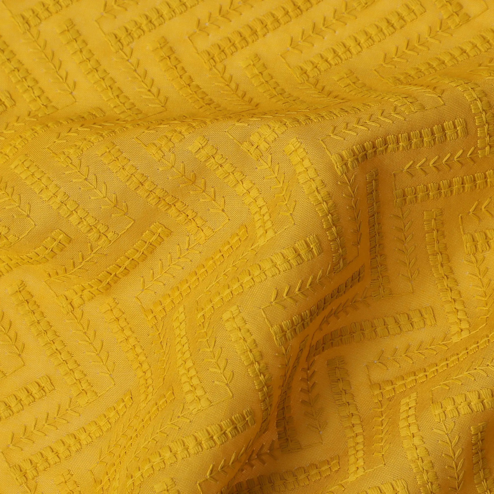 Sunshine Yellow Cotton Voile Fabric with Intricate Embroidery, 110 cm Width-D20112