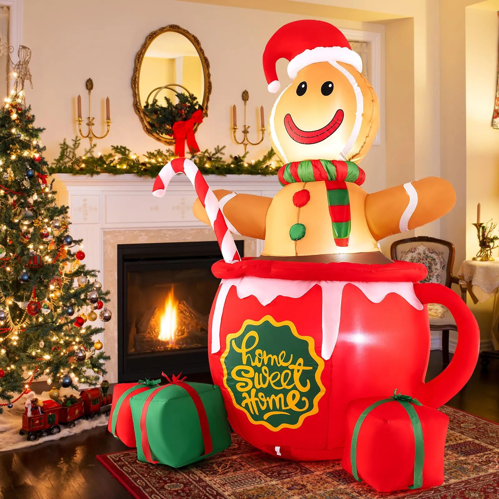 Tangkula 7 FT Christmas Inflatable Gingerbread Man in Hot Cocoa Mug