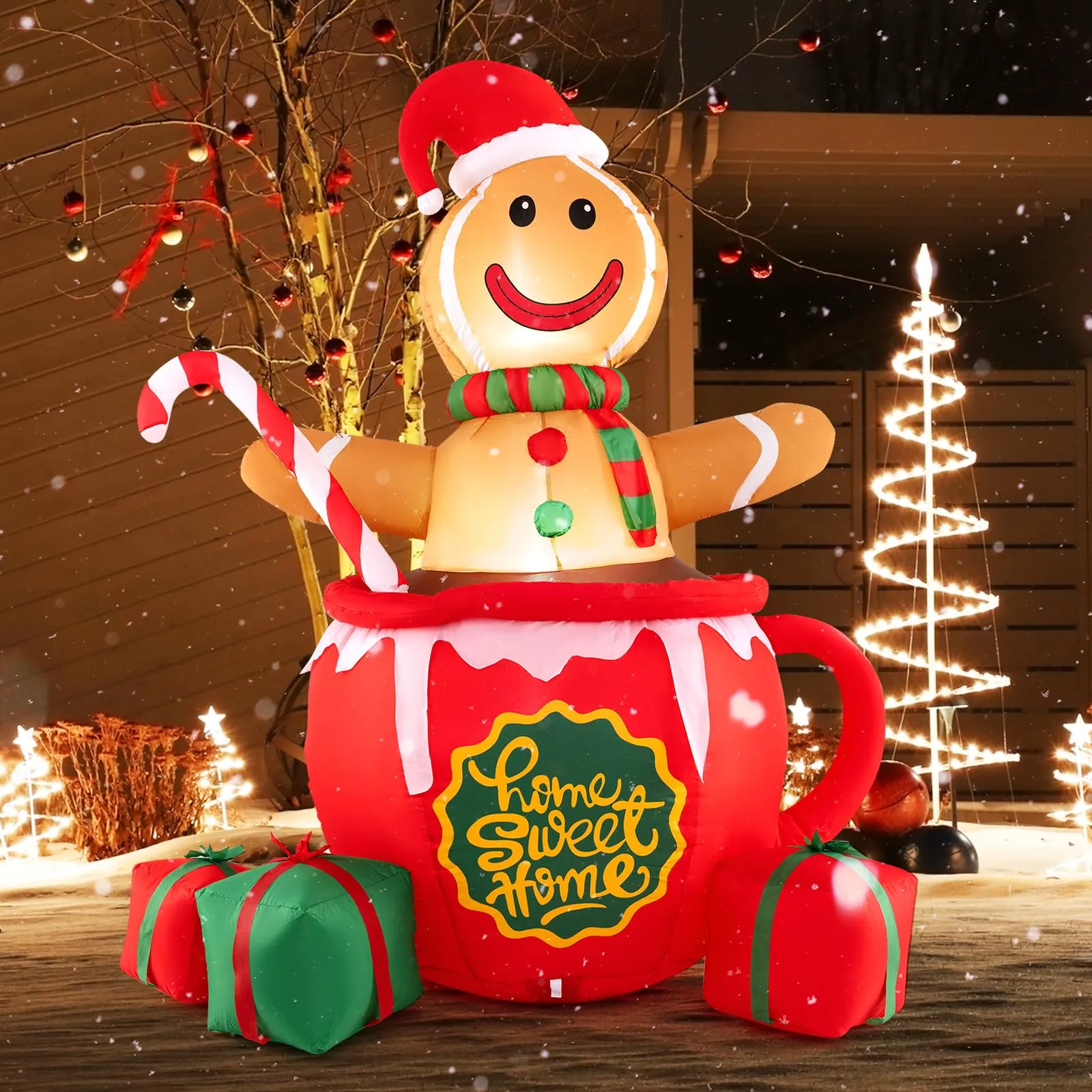 Tangkula 7 FT Christmas Inflatable Gingerbread Man in Hot Cocoa Mug