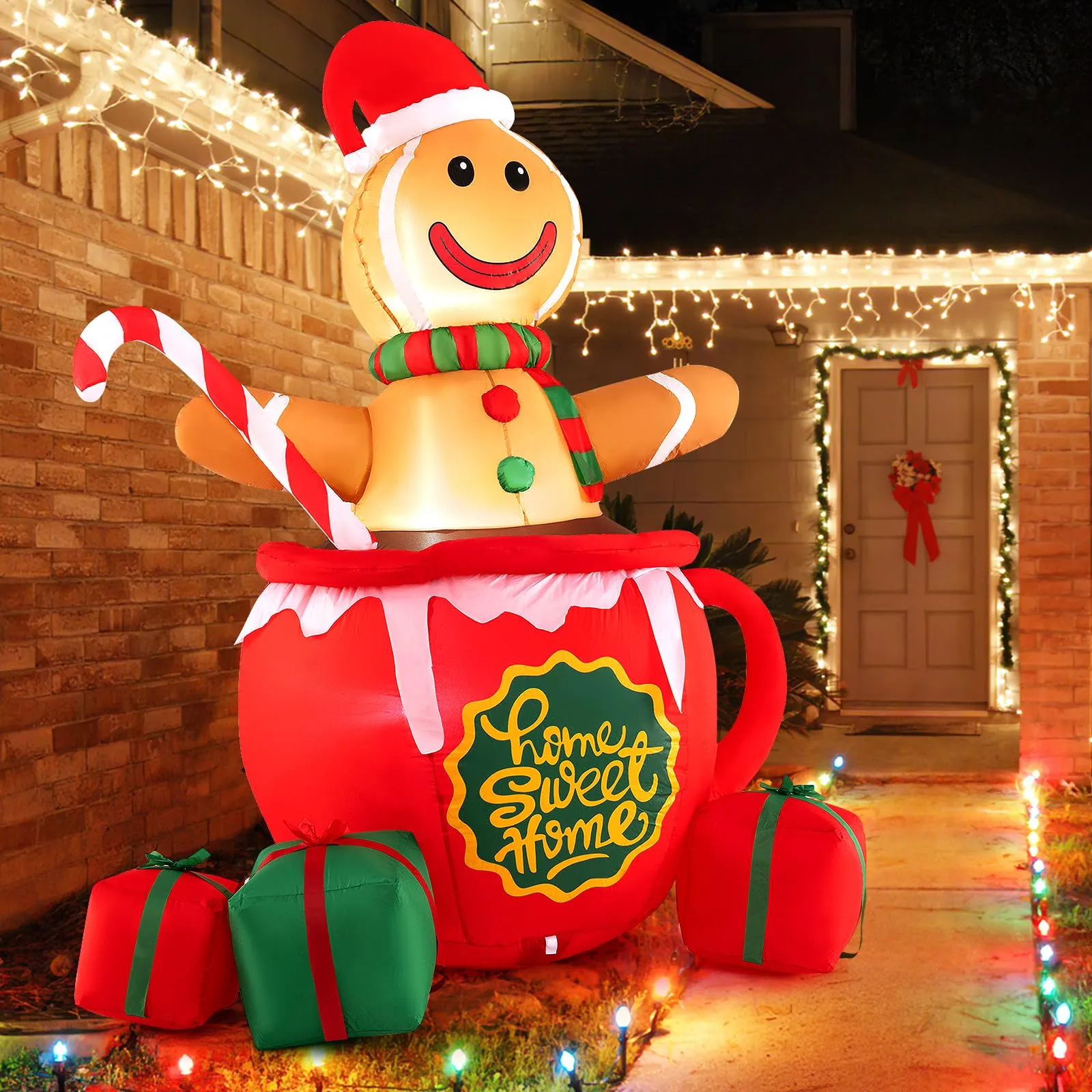 Tangkula 7 FT Christmas Inflatable Gingerbread Man in Hot Cocoa Mug