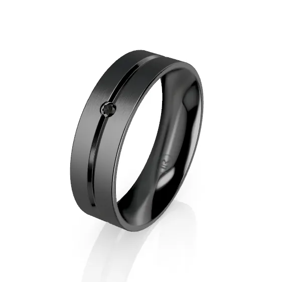 The Black Zirconium Grooved Black Diamond Wedding Ring