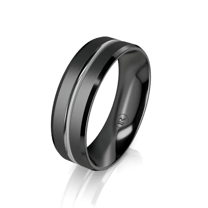 The Grey Zirconium and Black Zirconium Grooved Bevelled Edge Wedding Ring - Comfort Fit (IN1383)