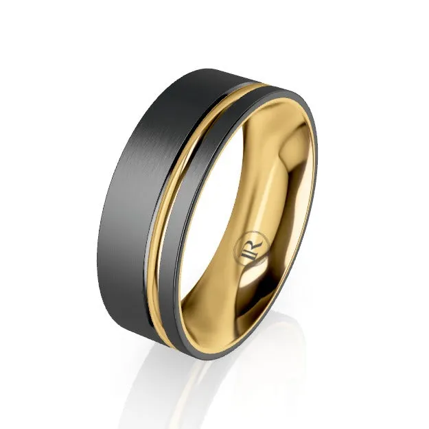 The Lewis Black Zirconium & Gold Inner Sleeve and Striped Comfort Fit Wedding Ring