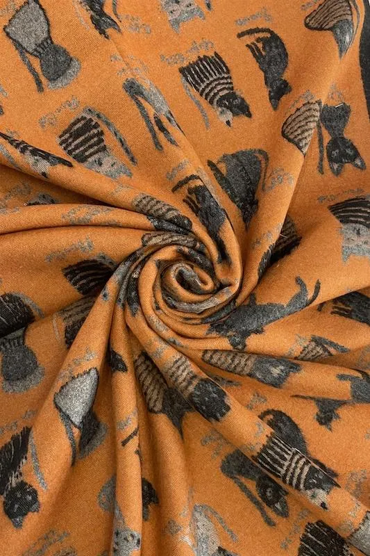 Thick Soft Cat Print Reversible Frayed Scarf Orange