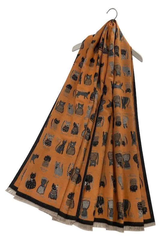 Thick Soft Cat Print Reversible Frayed Scarf Orange