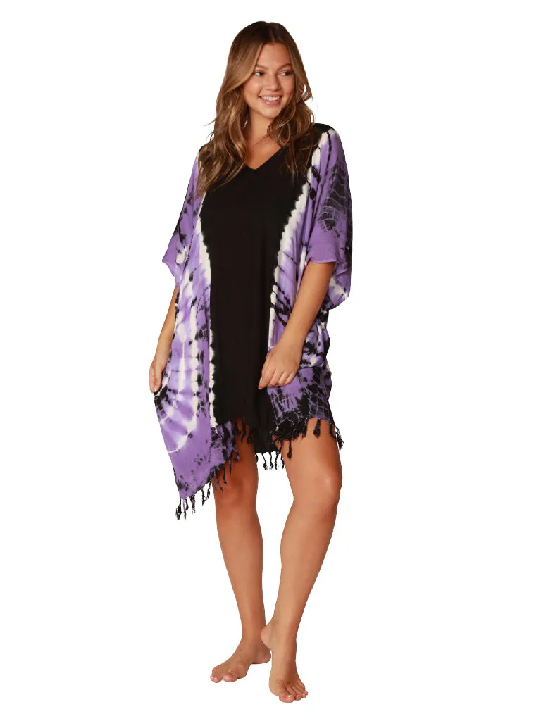 Tie-Dye V-neck Poncho with fringe bottom