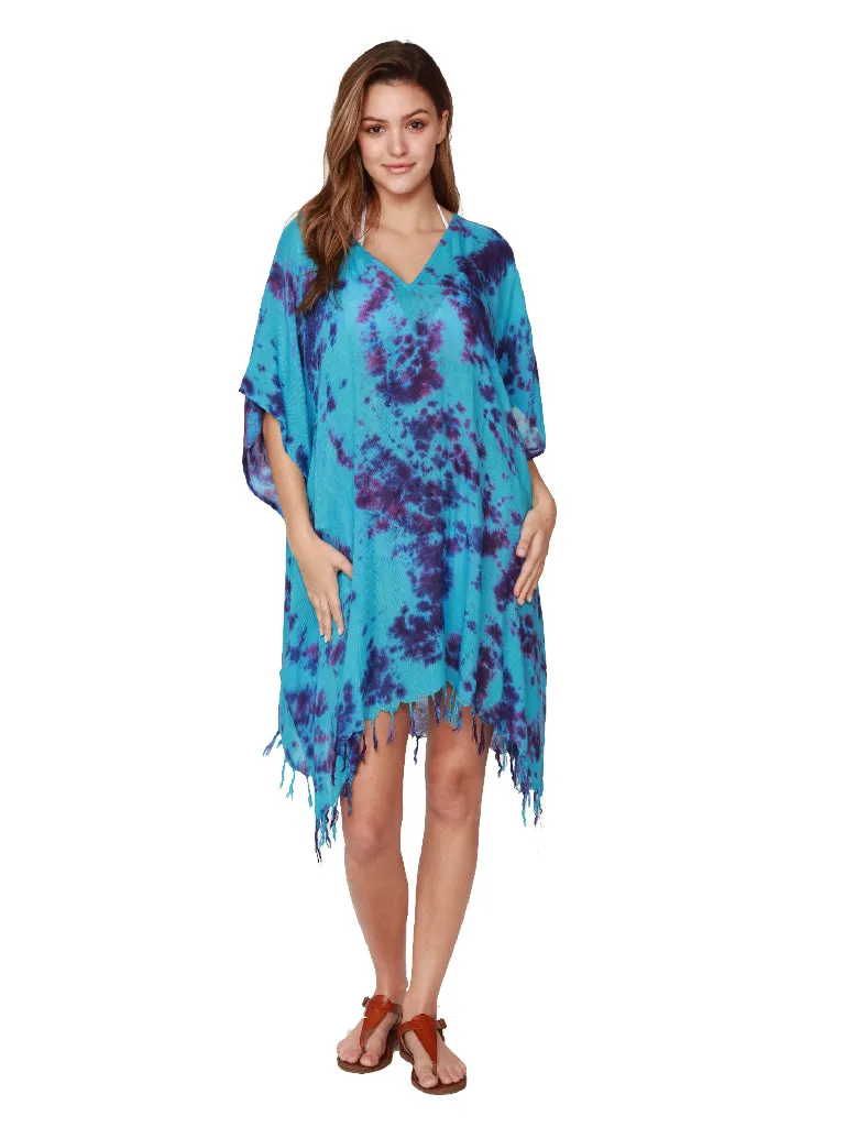 Tie-Dye V-neck Poncho with fringe bottom