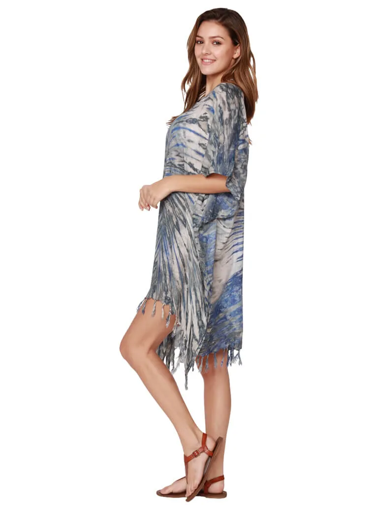 Tie-Dye V-neck Poncho with fringe bottom