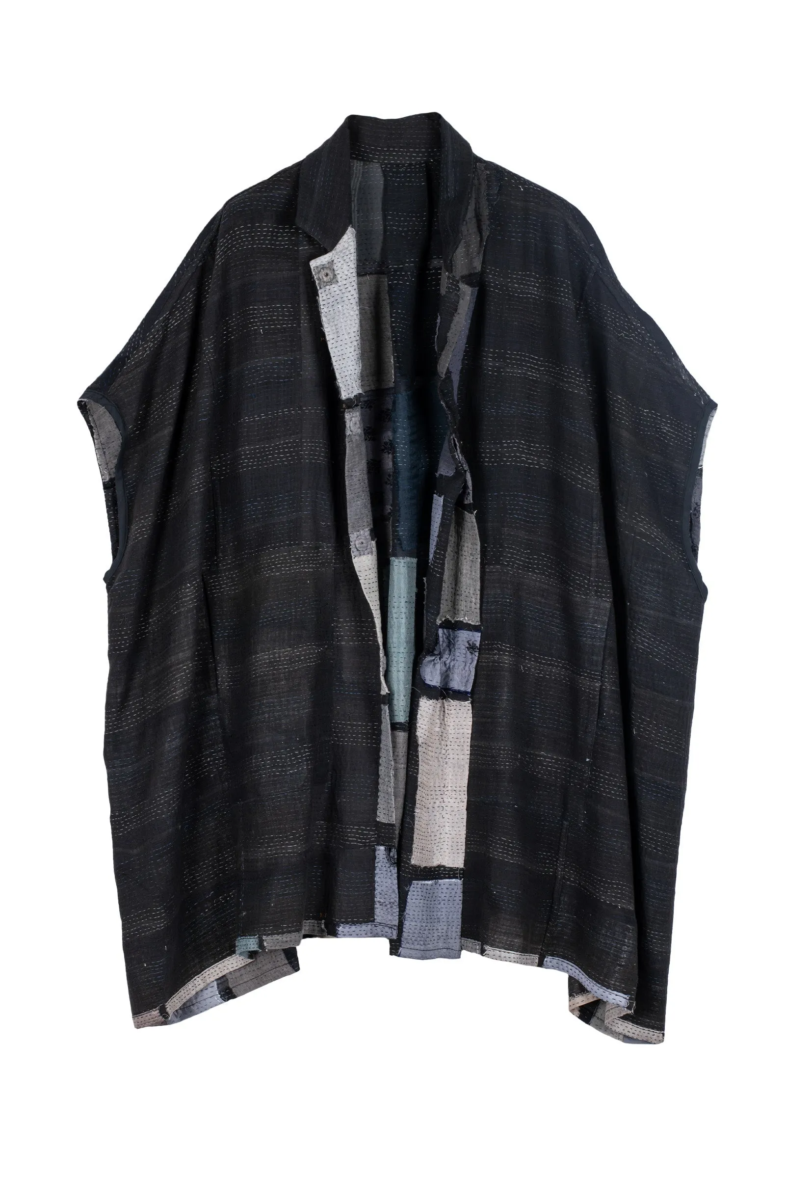 TONAL TILE PATCH KANTHA SHIRT PONCHO - tt2545-gry -