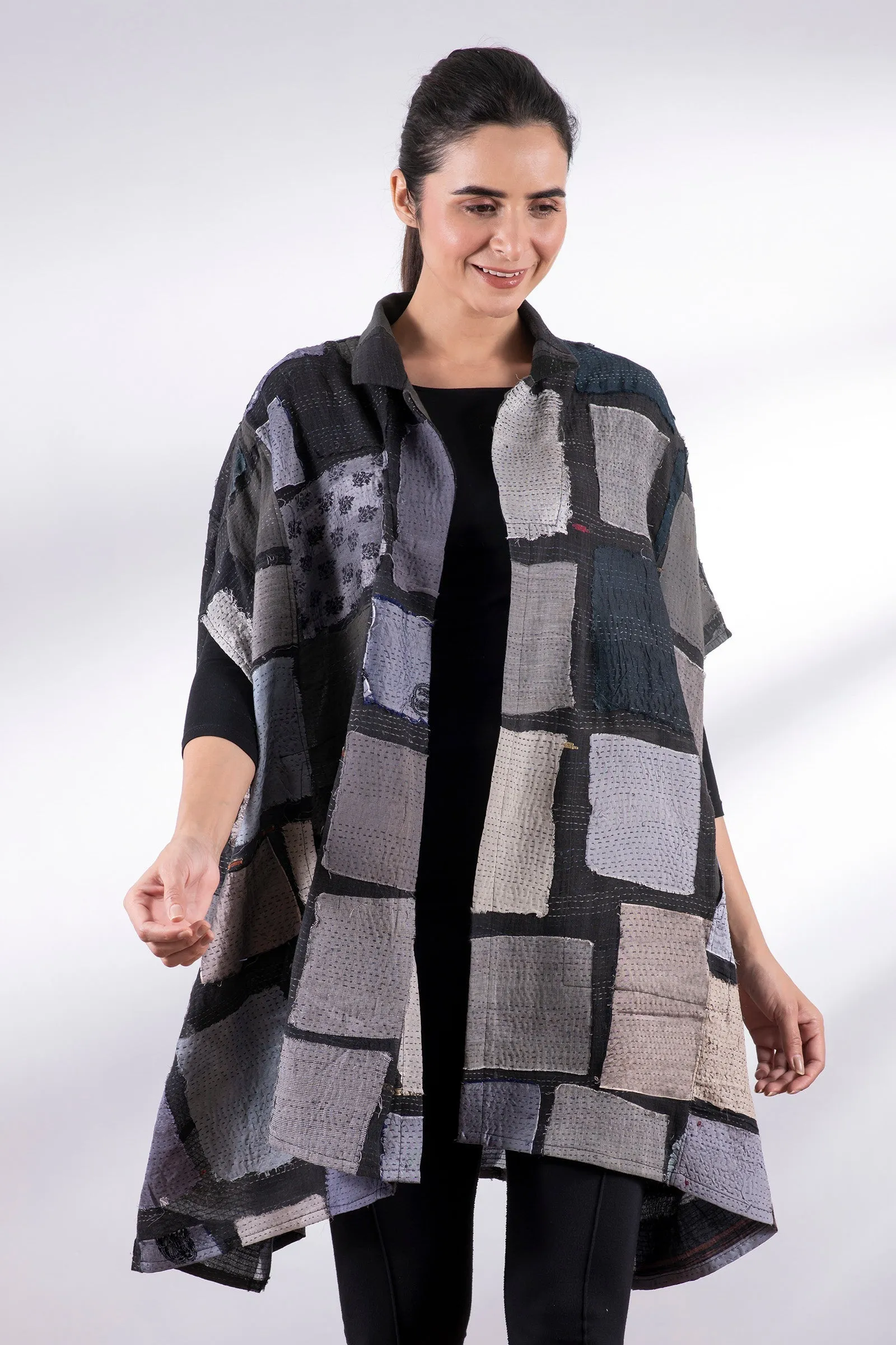 TONAL TILE PATCH KANTHA SHIRT PONCHO - tt2545-gry -