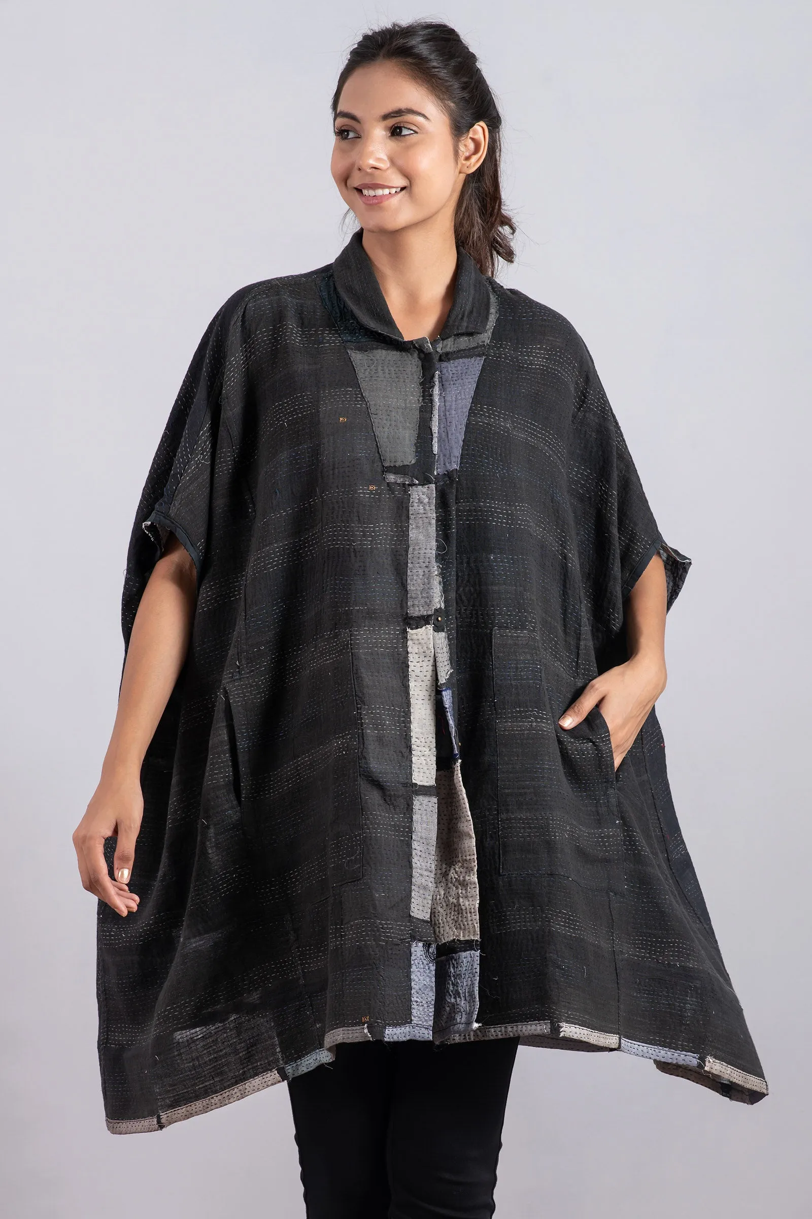 TONAL TILE PATCH KANTHA SHIRT PONCHO - tt2545-gry -