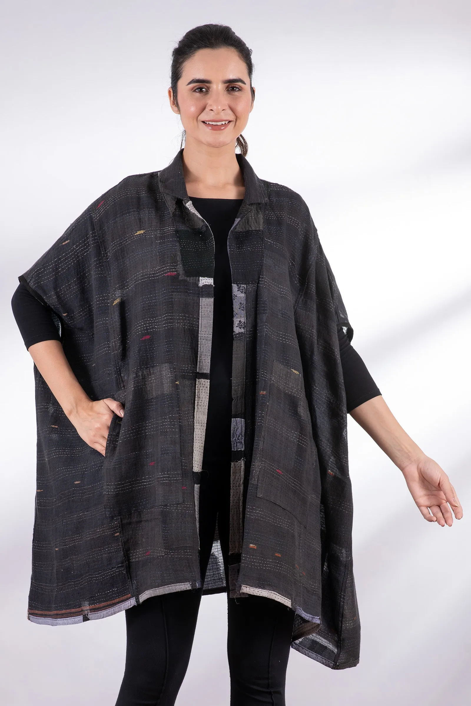 TONAL TILE PATCH KANTHA SHIRT PONCHO - tt2545-gry -