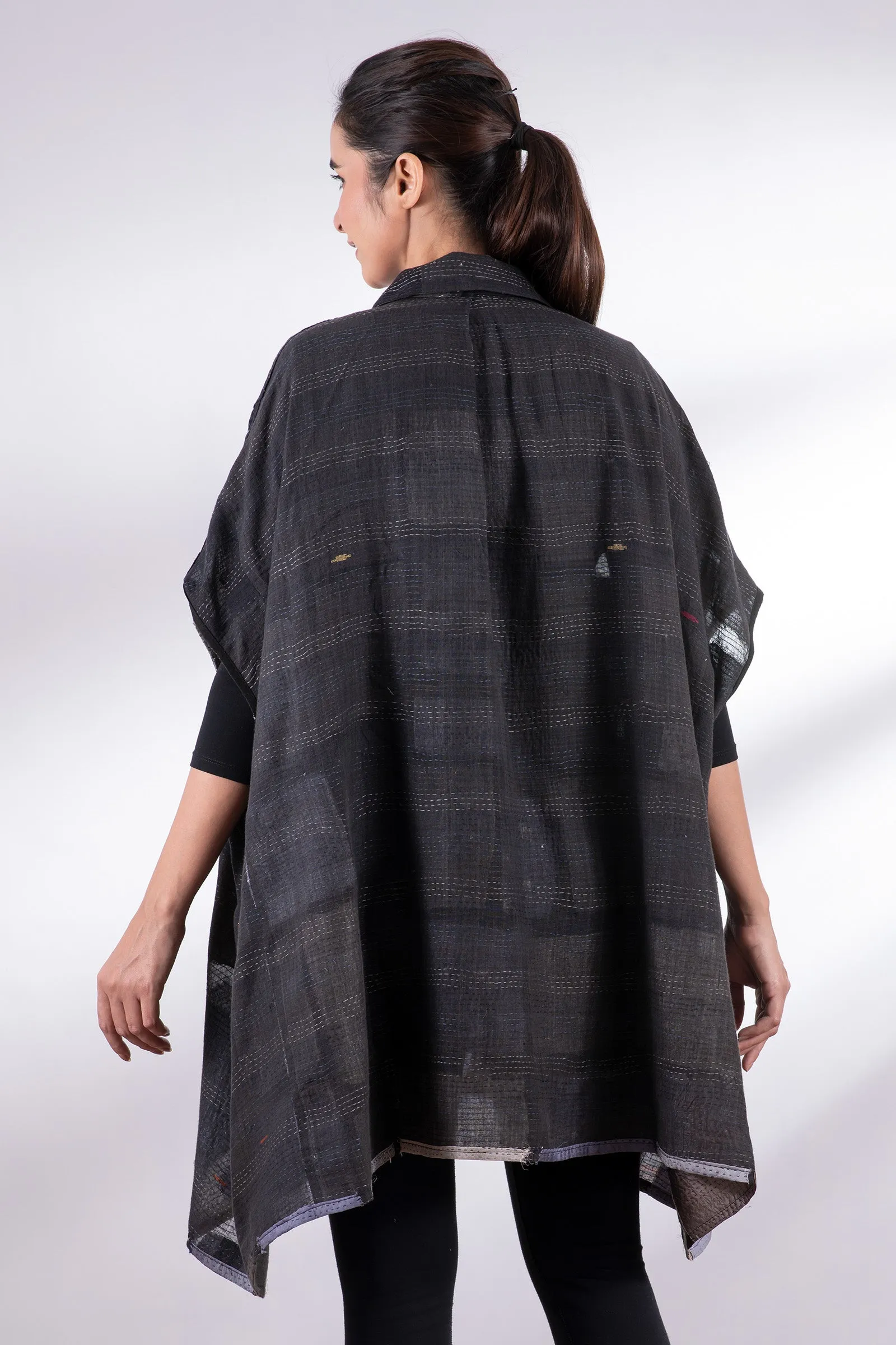 TONAL TILE PATCH KANTHA SHIRT PONCHO - tt2545-gry -